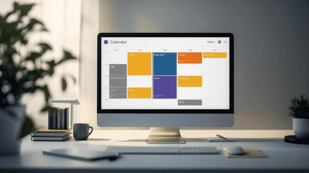 Time-blocking system for remote working parents showing batched activities and energy management