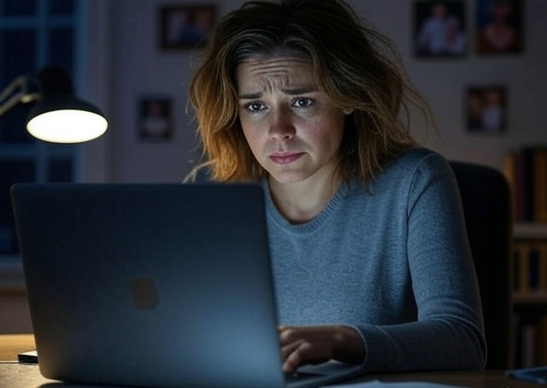 A tired working mother using a laptop late at night in dim lighting with family photos visible on the wall behind her, illustrating the problem of work bleeding into personal time and the sacrifice of family relationships for business demands.