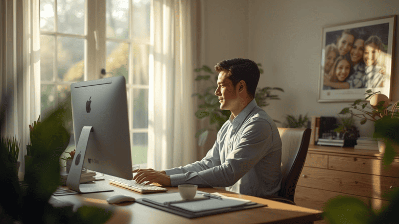 Remote working parent's organized home office with work materials and family photos showing work-life harmony