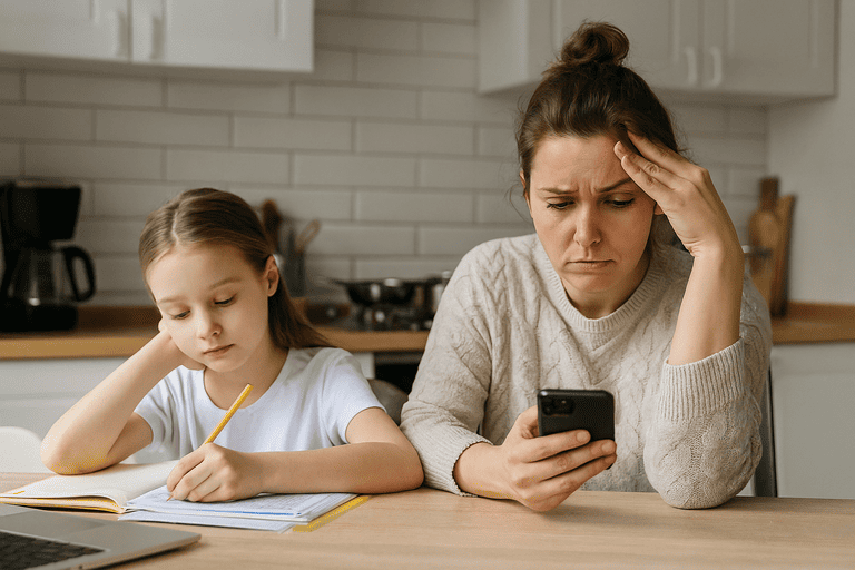 Stressed working mother juggling phone calls while child does homework demonstrating work life boundary challenges