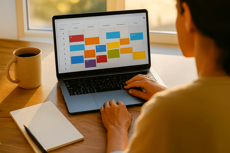 Entrepreneur parent using time blocking system for effective time management with color-coded calendar