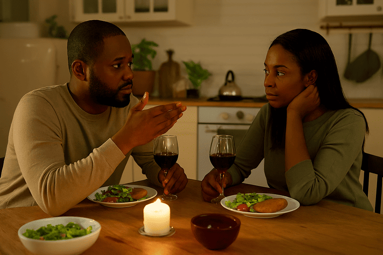 Couple at dinner table discussing work-life balance challenges, one partner looking concerned while other appears mentally distant despite being physically present
