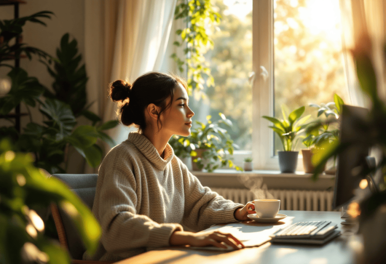 Remote working parent practicing mental wellness in healthy home office environment