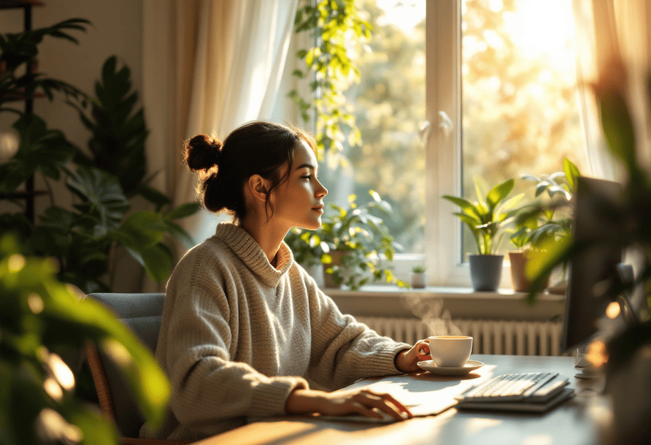 Remote working parent practicing mental wellness in healthy home office environment