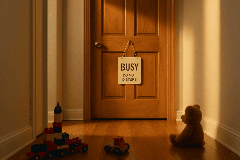 Home office door with clear work boundary sign visible from hallway where child plays