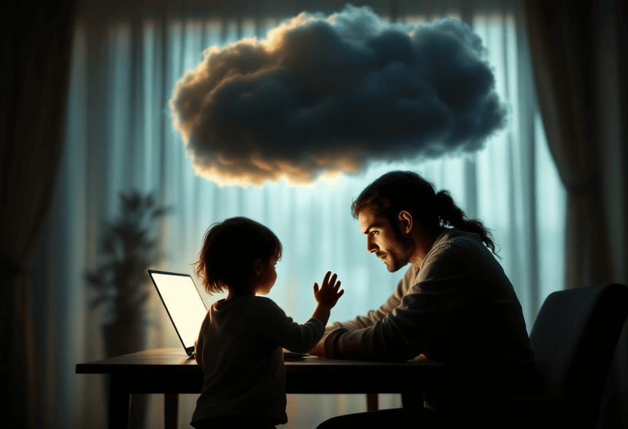 Visual showing the internal conflict of work from home parent guilt between professional and family responsibilities
