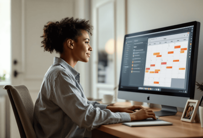Remote working parent's organized workspace showing clear work-life boundaries with visual signals and scheduled time blocks