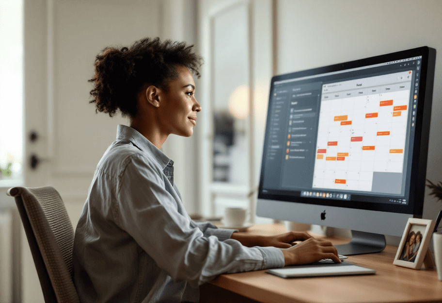 Remote working parent's organized workspace showing clear work-life boundaries with visual signals and scheduled time blocks