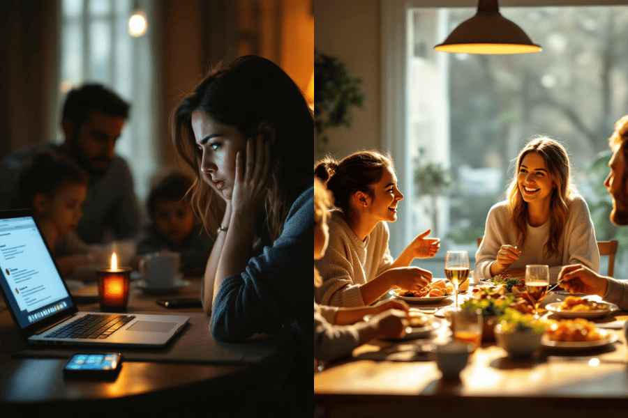  Comparison showing failed work-life boundaries with technology at family dinner versus enforced boundaries with full family engagement
