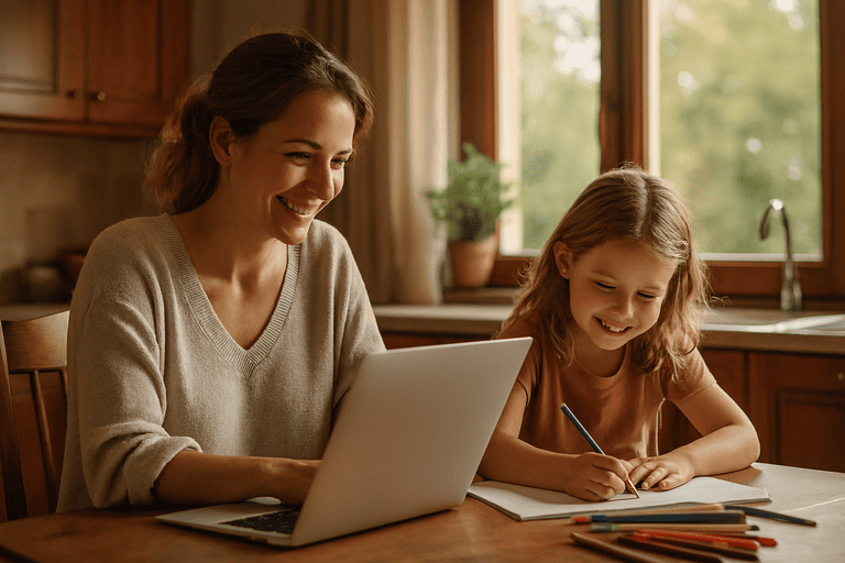 Parent and child working side by side at home demonstrating work-life integration