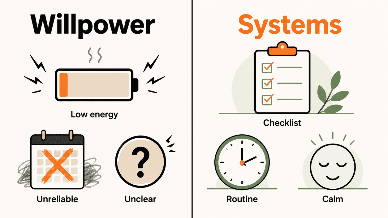 A split-panel infographic comparing willpower versus systems for work-from-home parents, illustrating the Home Office Hero principle that systems work when willpower runs out.