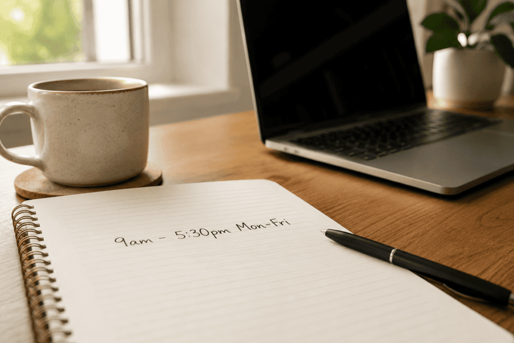 A close-up of a home office desk with a notepad showing "9am - 5:30pm Mon-Fri" written in clear handwriting, representing a defined client response window for work-from-home business owners.
