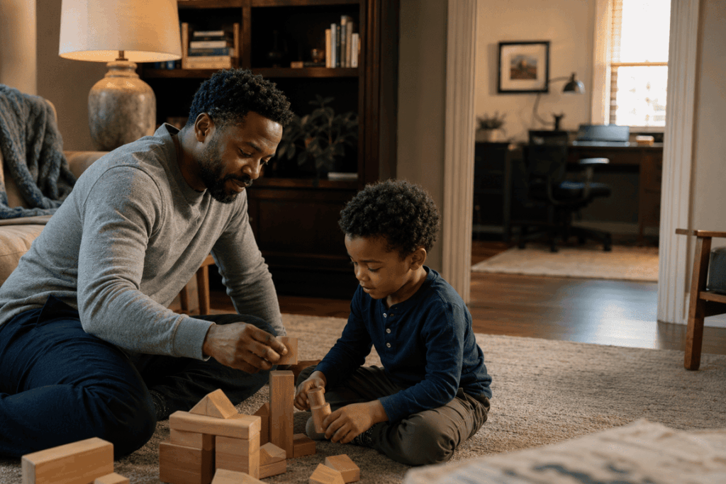 A work-from-home parent sitting on the living room floor with a young child, both engaged in an activity together, with a closed laptop visible through a doorway in the background,  representing genuine presence after the working day has ended.
